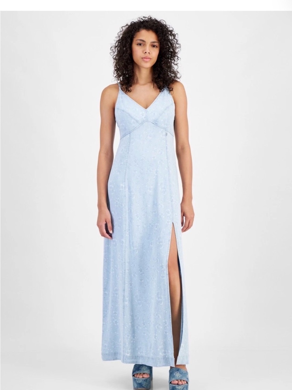 Guess Cruz Pale Blue V-Neck Maxi Dress with Side Slit